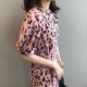 Tea break French dress women's summer slim waist pink leopard skirt chiffon floral dress high-end sense royal sister