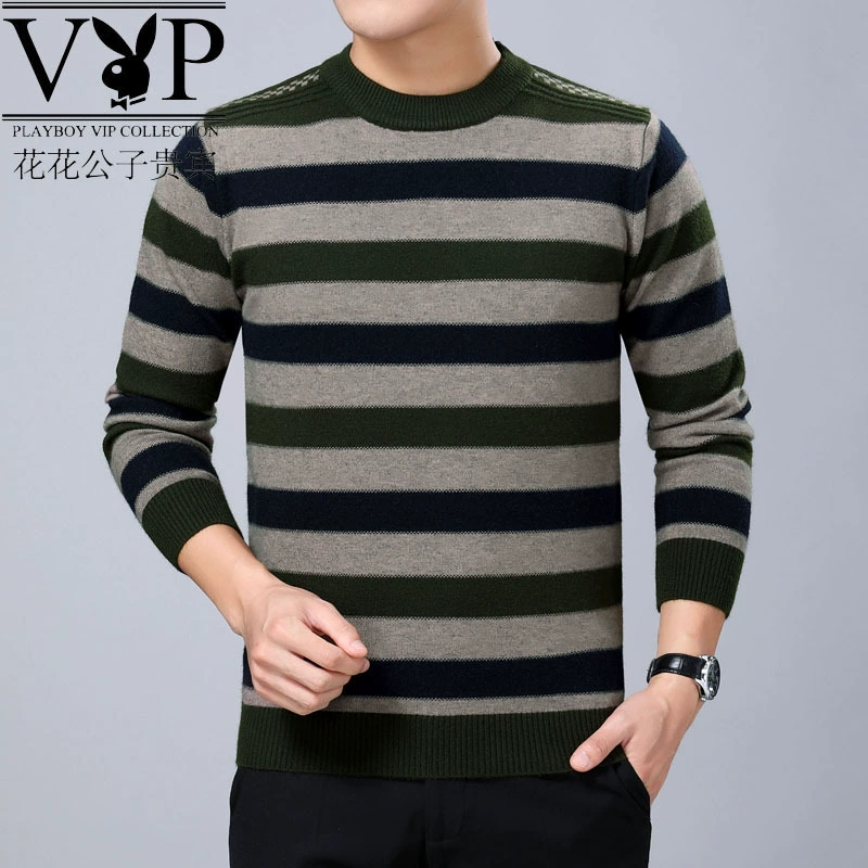 Playboy mùa đông mới vòng cổ dài tay dài len sọc len len dày áo ấm cha - Áo len Cashmere