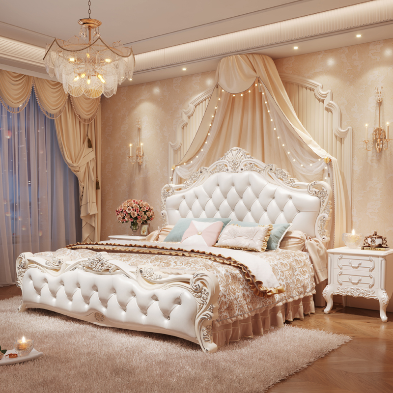 European-Style Bed with Carved Patterns, Modern Minimalist Bedroom, French Luxury Wedding Princess Bed, 1.95m Double Beds