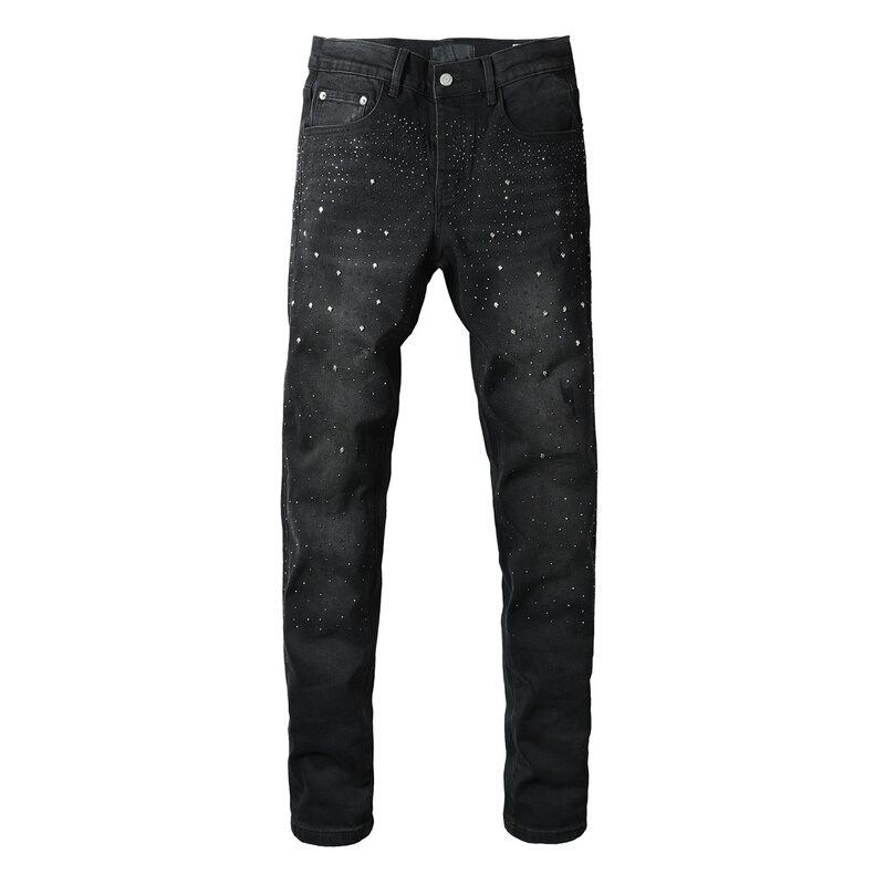 Purple Jeans American Style Trendy Brand New Nightclub Style Full Rhinestone Embellishment Hot-Stitched Rhinestone Black Slim Fit Skinny Jeans