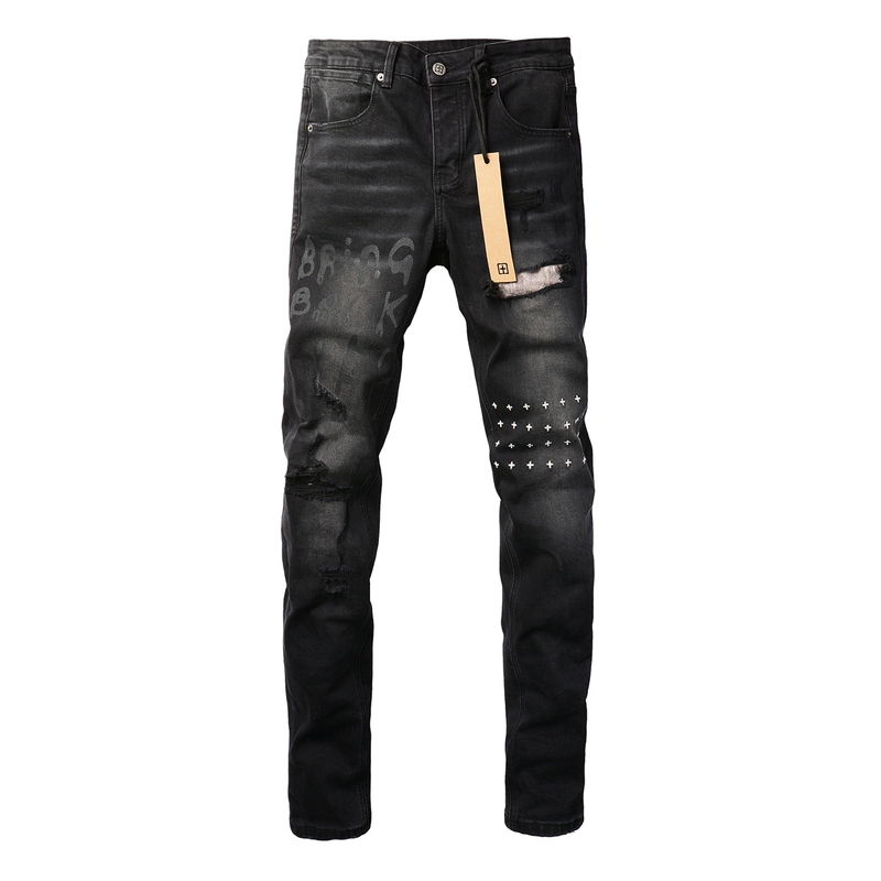 Ksubi Jeans New American Style Trendy Brand Black Cross-Stitch Ripped Patch Printed Skinny Jeans for Men