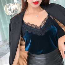 Japanese suit camisole female inner lace temperament loose belly cover wild plus size gold velvet bottoming shirt