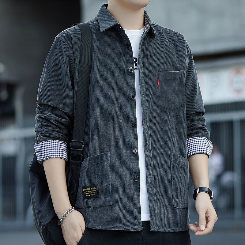 Popular Autumn Solid Color Corduroy Long-Sleeve Shirt for Men, Hong Kong Style Casual Youth Workwear Jacket, Loose Trendy Fit