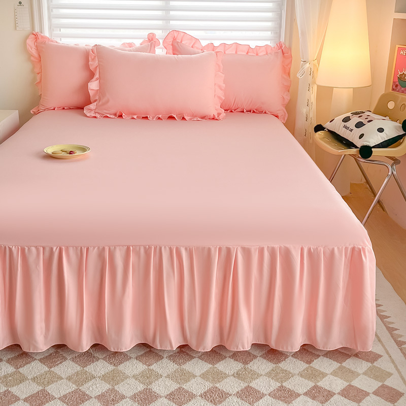 French-Style Cream Princess 100S Washed Cotton Bed Protector Girl's Bed Skirt Style Ruffled Pleated Duvet Cover Bed Sheet
