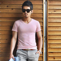 Custom Korean version Mens pink V collar half sleeve damp men Compassionate Body Sport Close-up Pure Color Short Sleeve Casual Cotton T-shirt