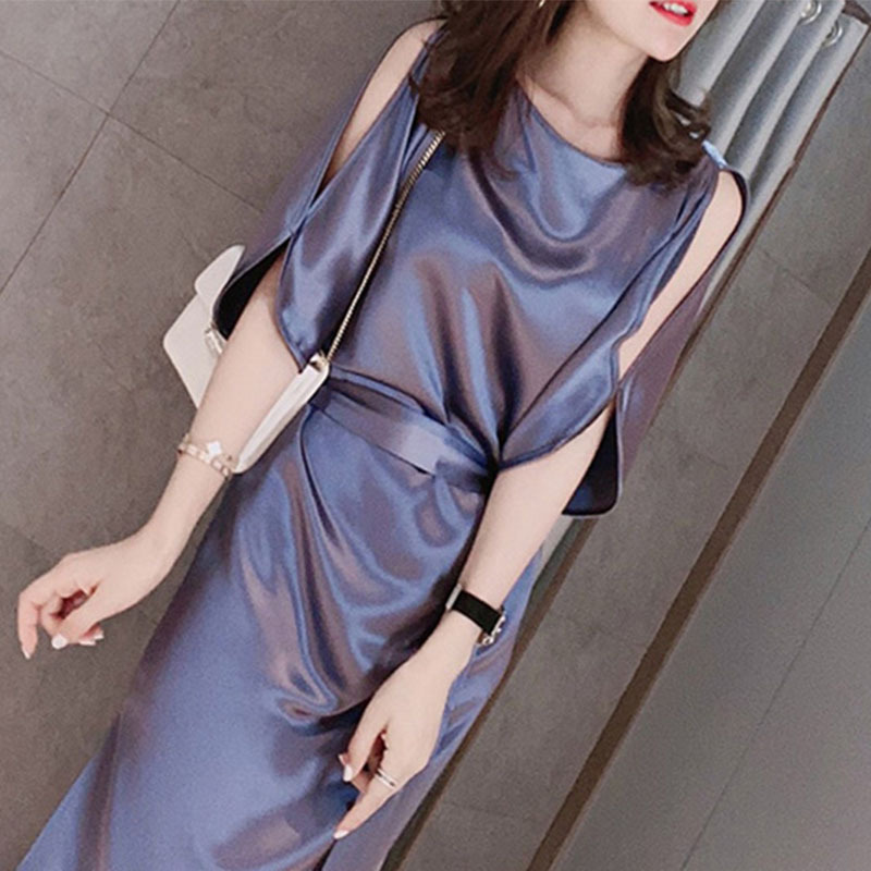 New European and American High-End Luxury Brand Blue Satin Acetate Slit Dress, Elegant Long Dress for Women, Summer