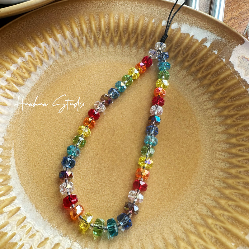 Internet Celebrity Rainbow Crystal Wheel Sugar Cube Bead Phone Chain (Side Hanging Strap Style)