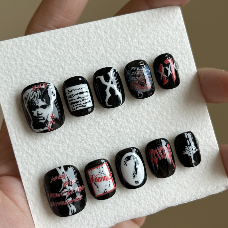[Xxx] Rapstar Series/Original Design Short Nails/ ins Niche Y2K Cool Black Handmade Wearable Nails