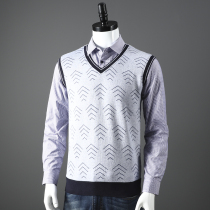 Plus velvet padded 2019 autumn and winter New Cut tail single mens fake two lapel collar color sweater sweater