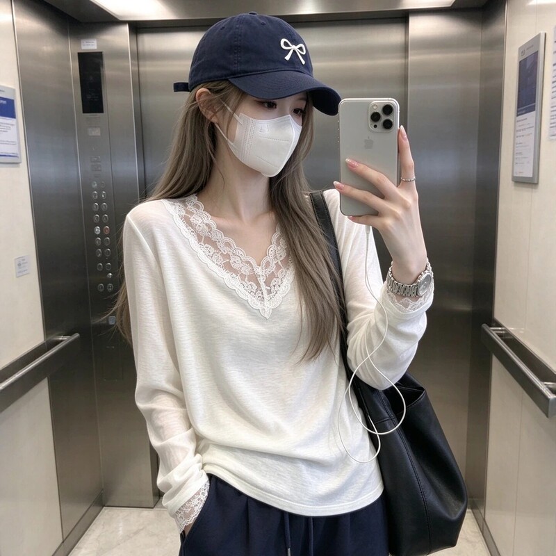 Korean Style V-Neck Lace Trim Long-Sleeve T-Shirt for Women, 2026 Autumn New Plus-Size Fat mm Inner Layer Base Shirt, Age-Reducing Top Korean Style V-Neck Lace Trim Long-Sleeve T-Shirt for Women, 2026 Autumn New Plus-Size Fat mm Inner Layer Base Shirt, Age-Reducing Top