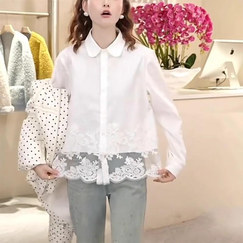 Plus Size Women's Clothing 2026 Spring New Design Heart-Shaped Collar Fashionable Hollow-Out Patchwork Lace Crochet Shirt Long Sleeve
