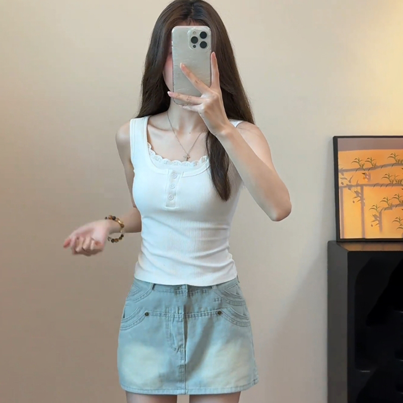 Lace Trim Faux Two-Piece Tank Top, New Summer Style, Plus Size, Versatile, Slim Fit, European Style, Pure Desire Top