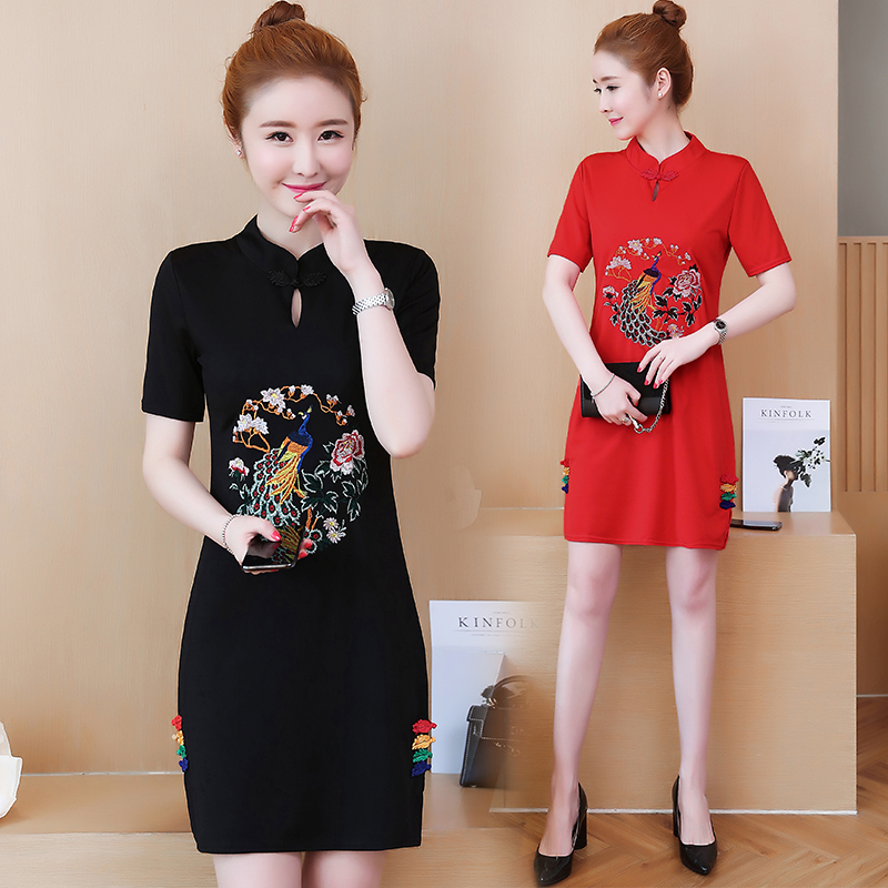 Chinese ethnic wind big size women's clothes 2022 new summer retro-covered belted red qipao to be a thin foreign dress