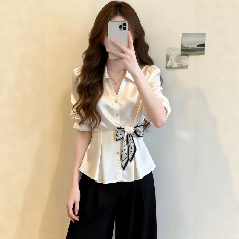 Plus-Size Elegant Waist-Cinching Short-Sleeve Shirt for Women, Summer 2026, Slimming Loose Fit, Tummy-Covering Blouse Top