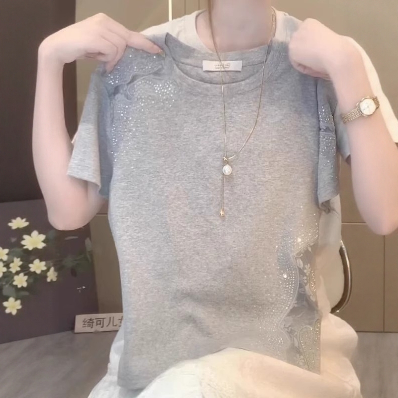 Plus Size Women's Clothing 2026 Summer New Style Pure Cotton High-End Short-Sleeved T-Shirt for Fat Women, Slimming and Covering the Flesh, Lace Cut Out Top