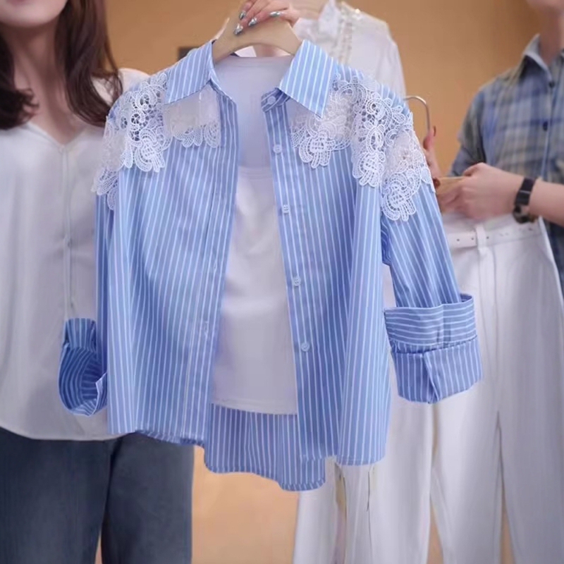 Plus Size Lace Crochet Blue Striped Long-Sleeved Shirt for Women, Spring and Summer Style, Versatile Casual Slimming Sun Protection Shirt for Fat Women