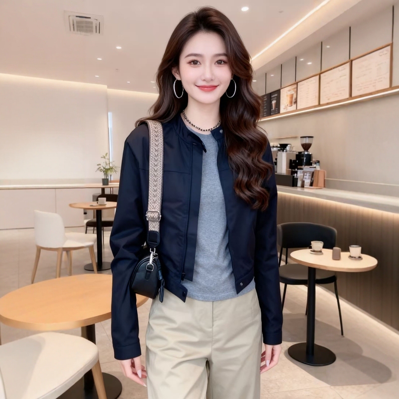 Plus-Size Navy Blue Stand-Up Collar Short Jacket for Women, 2026 Spring New Style, Slimming, Loose, Versatile Casual Top