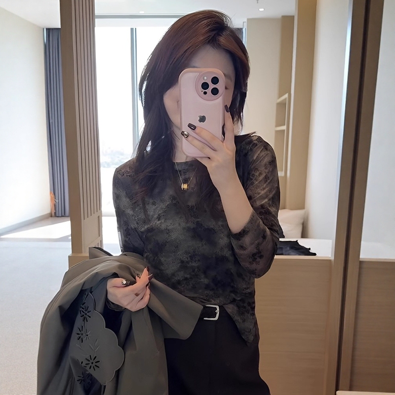 Retro Tie-Dye Printed Long-Sleeved Bottoming Shirt T-Shirt for Women in Early Spring, Plus Size Fat Mm, Slimming Look, Stylish, Unique and Chic Top
