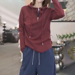 Pure Cotton White Half-Zip Hooded Long-Sleeve Sweatshirt for Women, Autumn, Plus Size, Slimming, Loose, Casual Base Layer Top