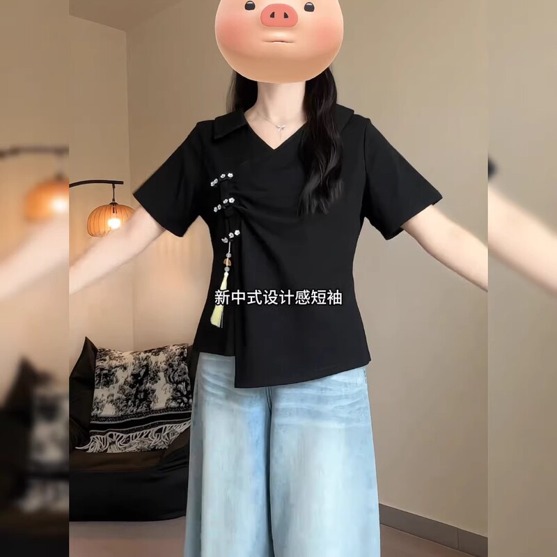 Black New Chinese-Style Button-Up Pure Cotton Short-Sleeve T-Shirt for Women, Summer Plus Size, Conceals Body Fat, Slimming, National Style Top
