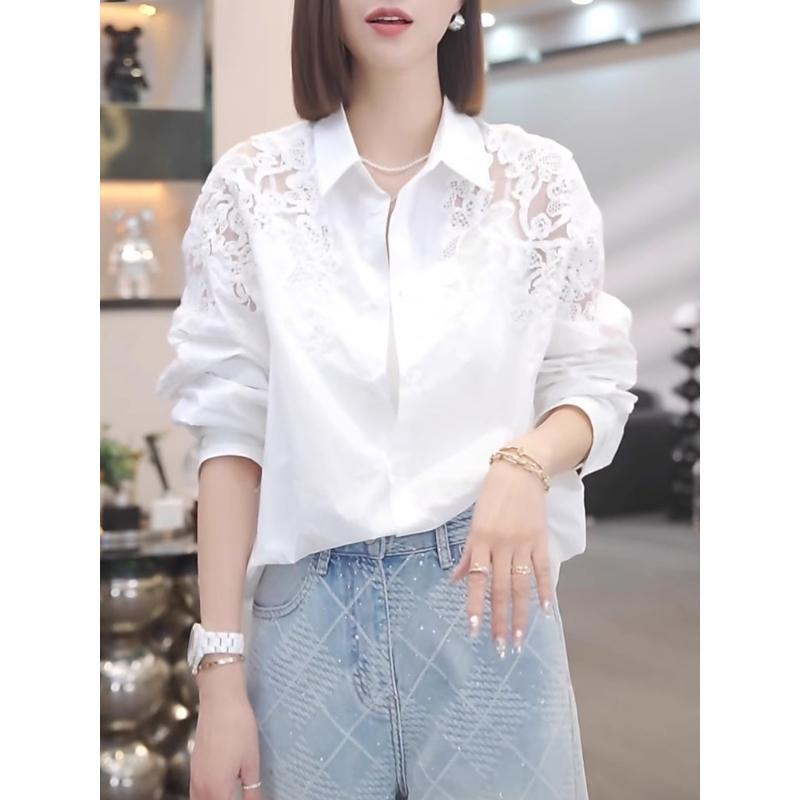 Crochet Hollow-Out White Collared Shirt for Women, Spring Thin Shirt, Plus Size, 2026 New Popular Long-Sleeve Top