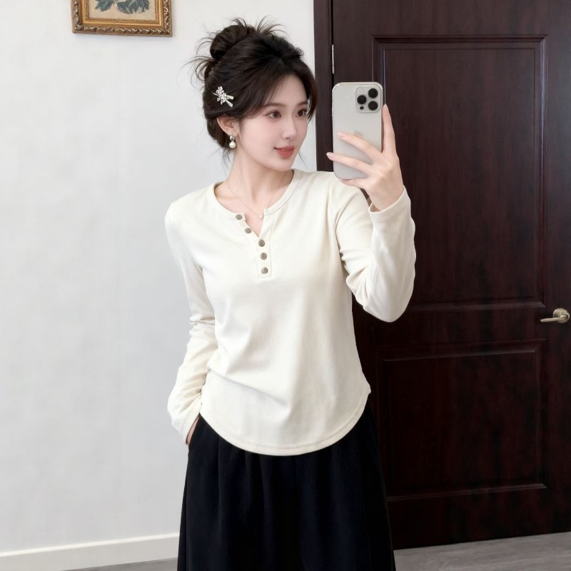 Plus-Size Basic Pure Cotton V-Neck Long-Sleeve Base Shirt T-Shirt for Women, Autumn, Slimming, Loose, Casual Inner Wear Top