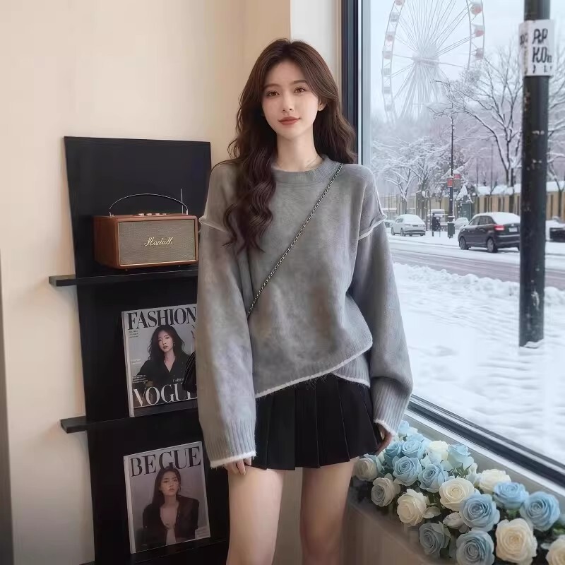 Loose and Casual Gray Pullover Sweater for Women, Spring Plus Size, Stylish and High-End Irregular Knit Top