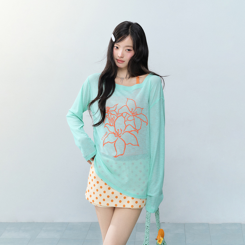 Lennea Mint Lily Sun-Protective Blouse for Women, Summer Lazy and Relaxed Thin Knit Long-Sleeve T-Shirt, Loose Top