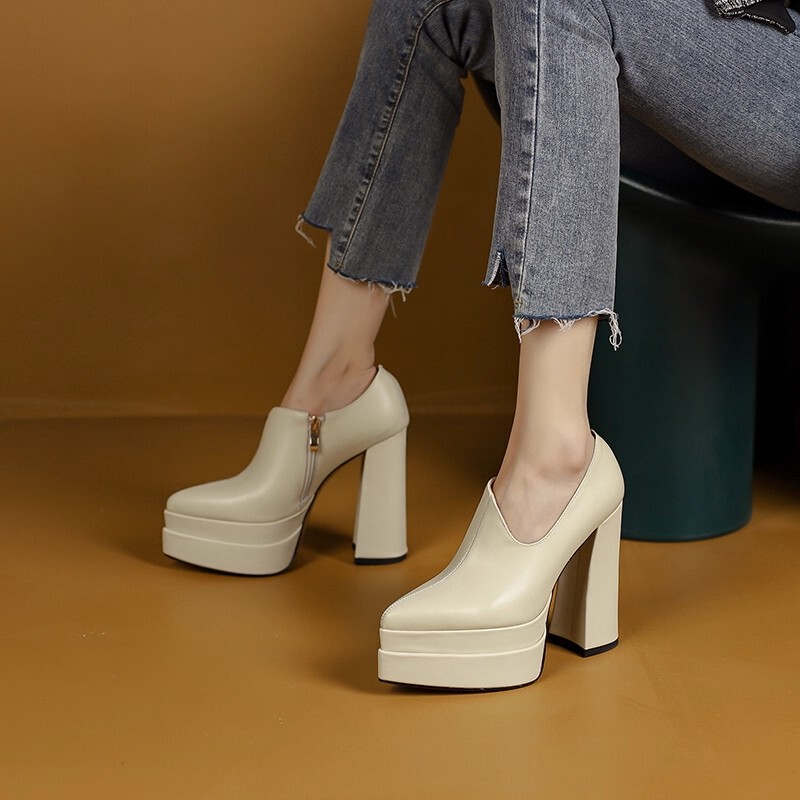 Sexy Pointed-Toe High Heels for Women, Chunky Heel, Thick Platform, Waterproof, Deep-Cut Single Shoes, Genuine Leather, Sky-High Heels, 13cm Sexy Pointed-Toe High Heels for Women, Chunky Heel, Thick Platform, Waterproof, Deep-Cut Single Shoes, Genuine Leather, Sky-High Heels, 13cm
