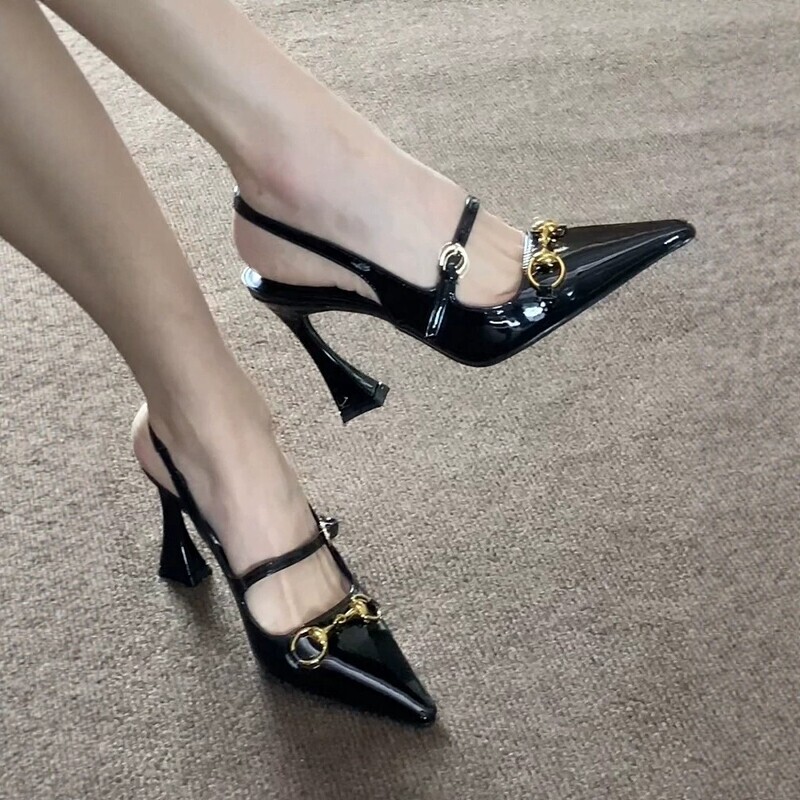 Black Horseshoe Heel Ankle Strap Pointed Toe Sandals for Women 2026 Summer New Comfortable Versatile High Heels