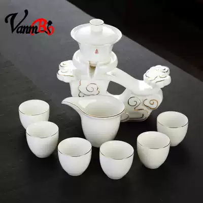 High-grade goat Jade white porcelain kung fu tea set set home living room whole set of light luxury tea cup ceramic boiling teapot making tea