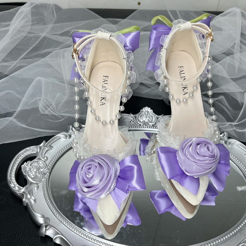 Original Lolita Wedding Pointed-Toe Handmade Elegant Palace-Style Light Purple High Heels Coming-Of-Age Ceremony Wedding Dress