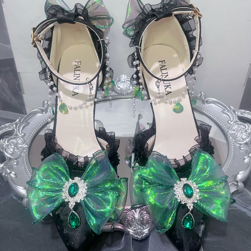 Original Lolita Wedding Pointed-Toe Handmade Elegant Dark Green Palace-Style High Heels Retro Coming-Of-Age Ceremony Lolita