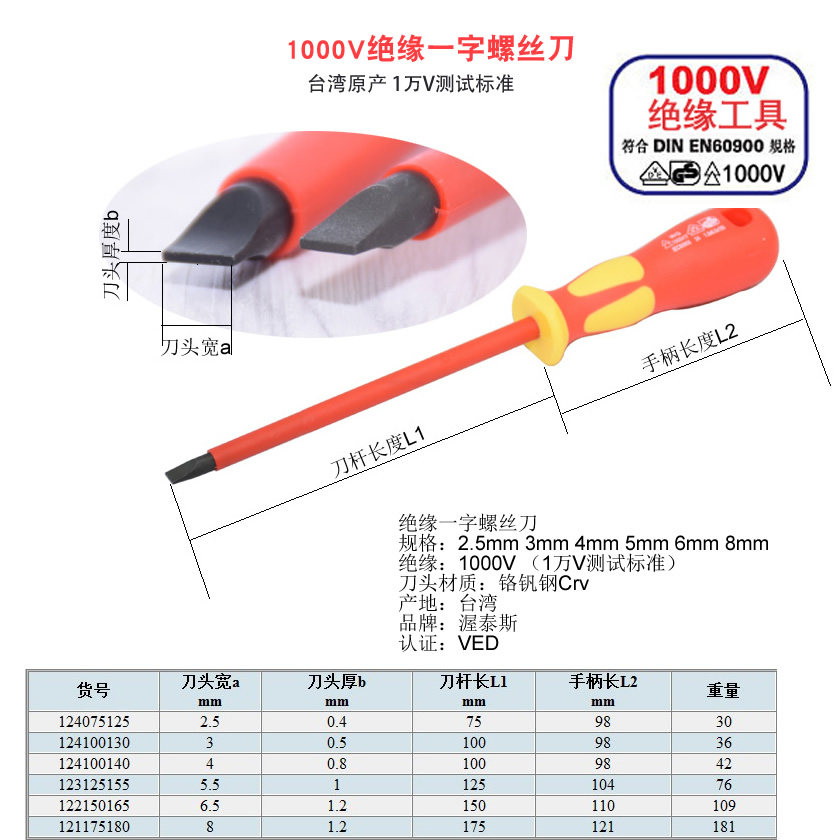 Taiwan imported 1000V electrical insulation flat screwdriver screwdriver screwdriver batch EC60900