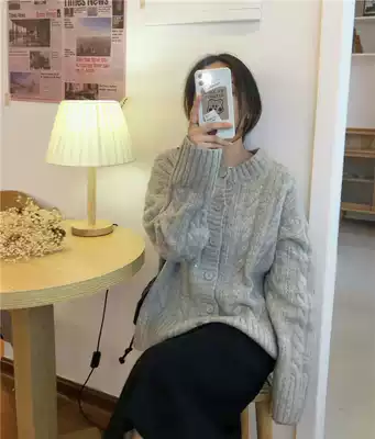 2021 spring and autumn gray loose retro burlap sweater cardigan women's lazy wind twisted knitted jacket women's outer wear