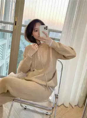 Goose yellow casual hooded sweatshirt knitted suit female 2020 autumn and winter new temperament stitching lazy two-piece suit