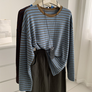 Relaxed white retro striped round neck long-sleeved t-shirt