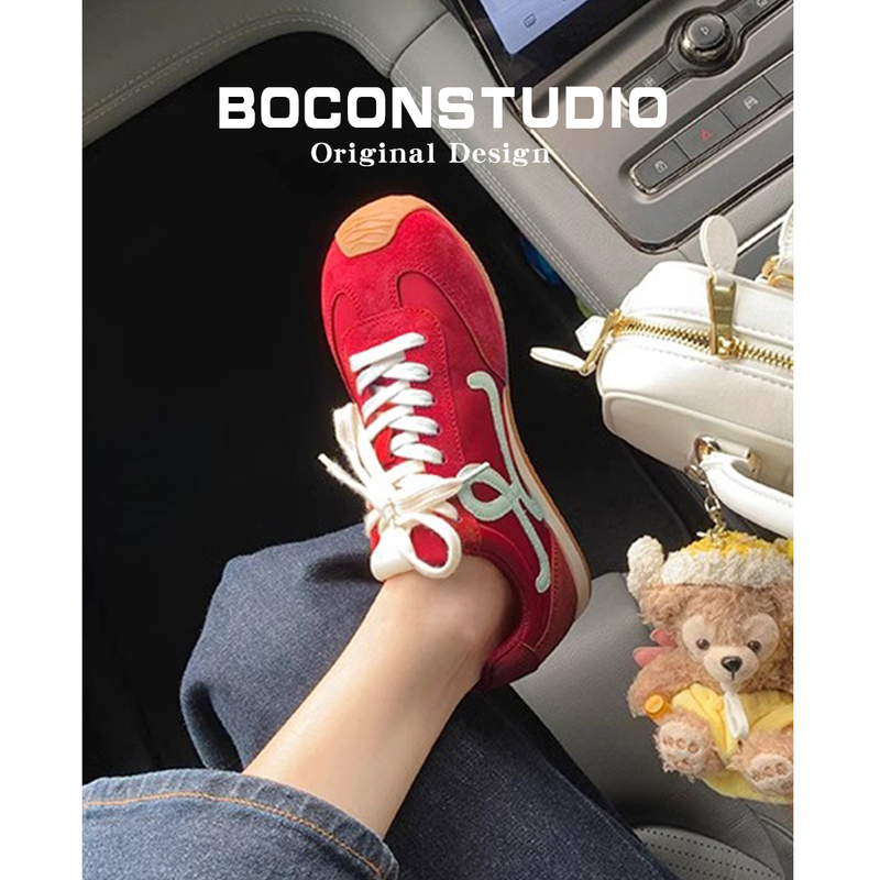 Yang Mi and Wang Yibo's Same Style Genuine Leather Retro Red German Training Shoes for Women, Height-Increasing Casual Sneakers, Sports Shoes, Running Shoes