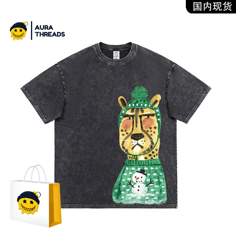 Aura Threads【Official Authentic Product】Summer Ins Style Watercolor Leopard Christmas Versatile Short Sleeve T-Shirt for Men Aura Threads【Official Authentic Product】Summer Ins Style Watercolor Leopard Christmas Versatile Short Sleeve T-Shirt for Men