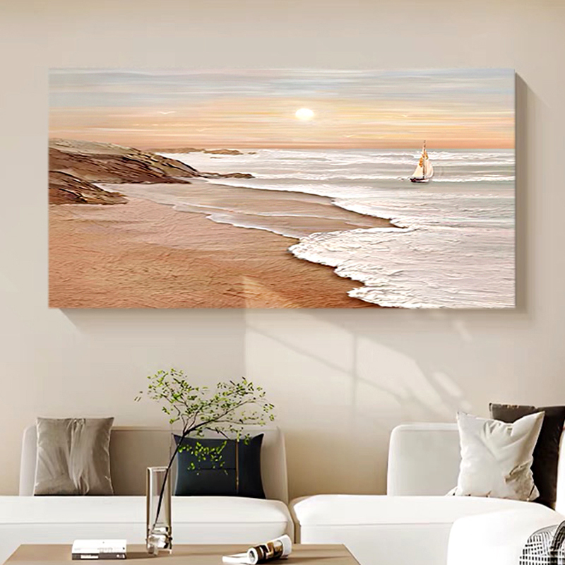 Hand-Painted Oil Painting, Cream Style Living Room Decorative Painting, High-End Texture Painting, Sunrise Wabi-Sabi Style Sofa Background Wall Hanging Painting