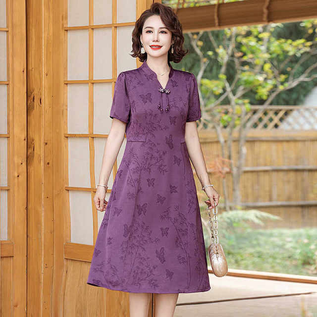 Retro elegant cheongsam ແບບຈີນອາຍຸກາງຂອງ dress ແມ່ summer ໃຫມ່ໄວກາງຄົນແລະຜູ້ສູງອາຍຸ summer dress ແບບແຫ່ງຊາດ skirt ສໍາລັບແມ່ຍິງ