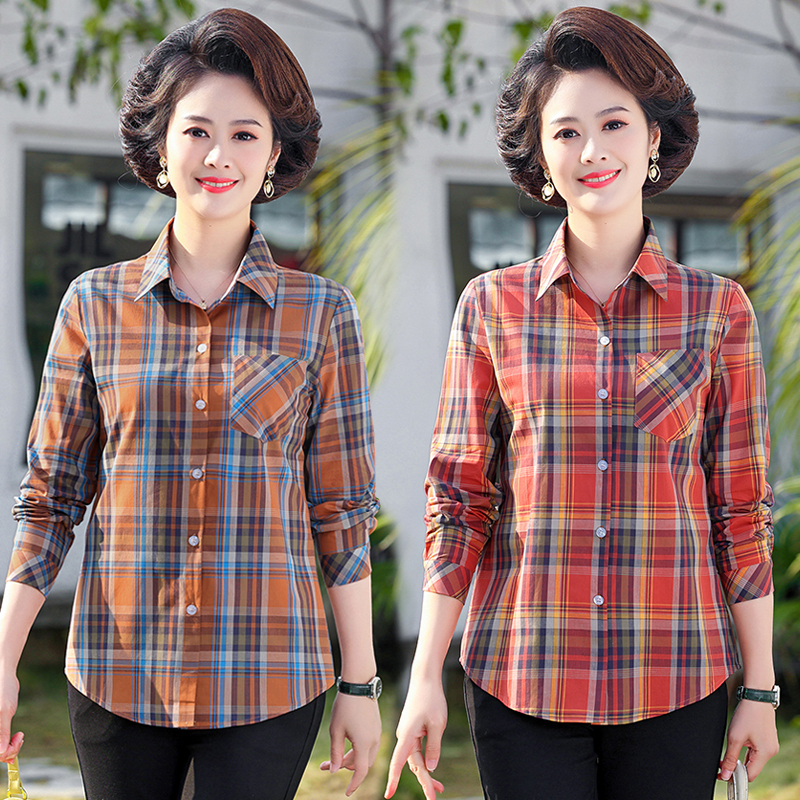 Mom's Spring and Summer Fashion Plaid Shirt, Thin Cotton, Middle-Aged Women's Pure Cotton Long-Sleeved Shirt, New Style for Middle-Aged and Elderly People