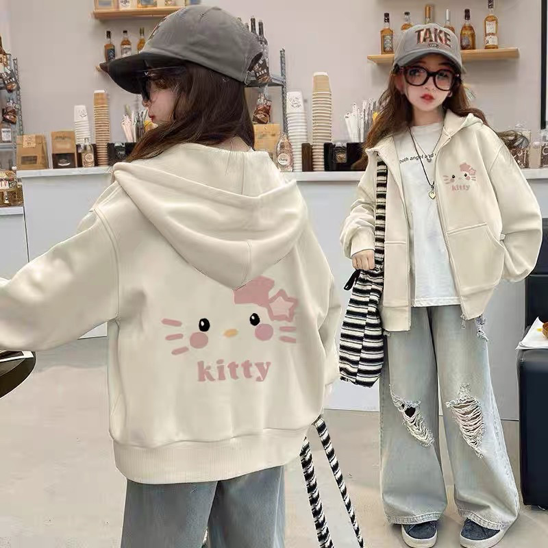 Girls' Autumn and Winter Kitty Cat Sweatshirt Jacket 2026 Spring New Style Medium and Large Children's Cardigan Zipper Fleece Top
