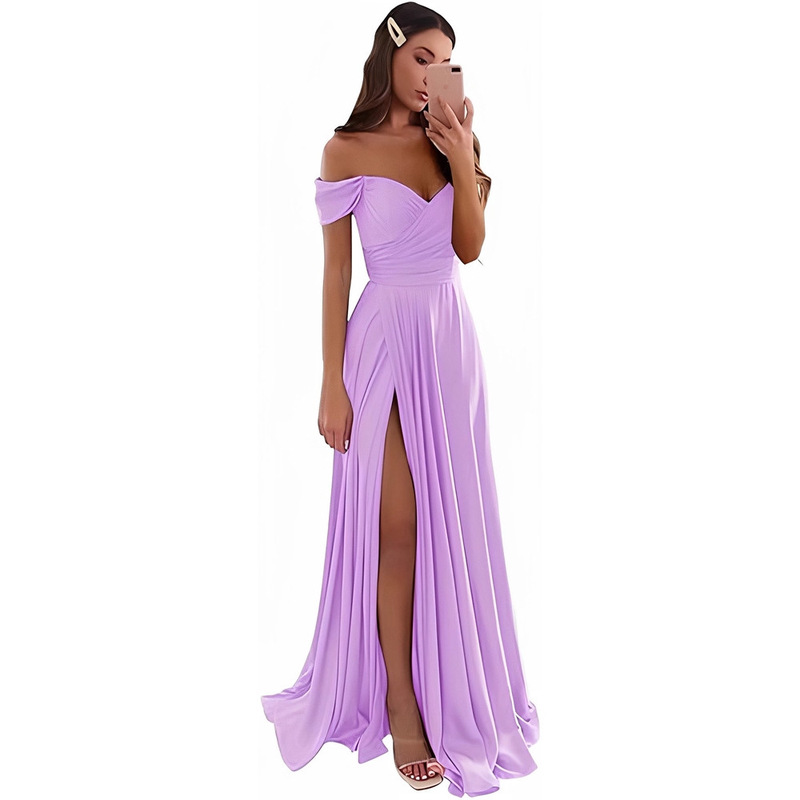 Satin Bridesmaid Dress with V-Neck, Ruched Off-Shoulder Formal Ball Gown, Women's Cocktail Dress with Pockets and Off-Shoulder Design