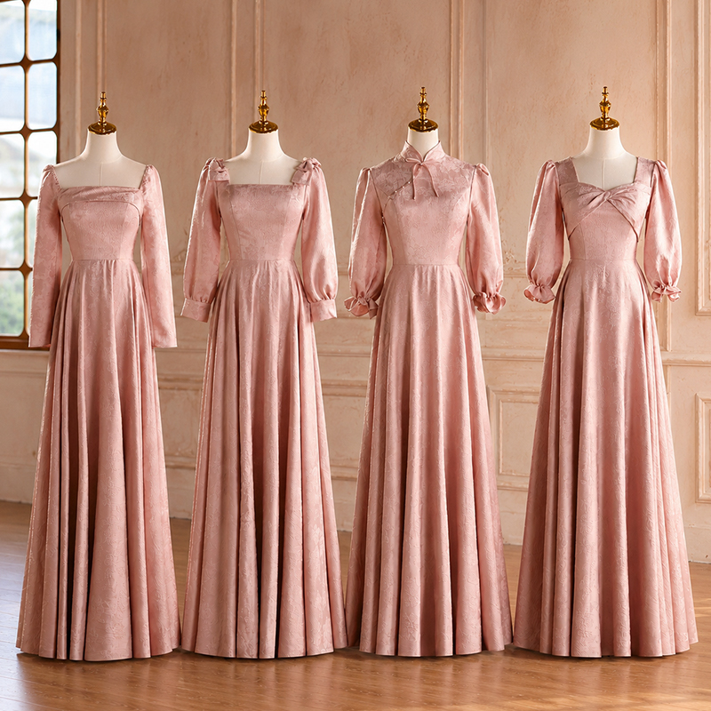 Pink Bridesmaid Dress Satin Gown Sister Group High-End Dress Niche Fairy-Style Bridesmaid Dress 2026 Autumn and Winter New Style Pink Bridesmaid Dress Satin Gown Sister Group High-End Dress Niche Fairy-Style Bridesmaid Dress 2026 Autumn and Winter New Style