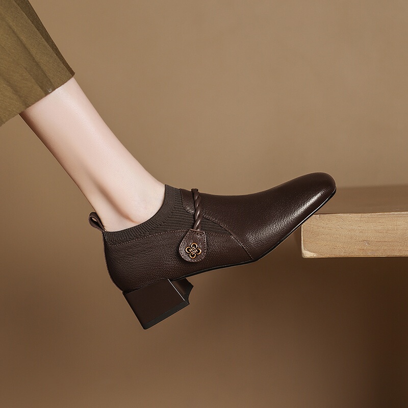 New Autumn and Winter Loafers, Knitted Elastic Sock Boots, Square Toe Chunky Heel Short Boots, Mid-Heel Single Boots, Versatile Slimming Ankle Boots