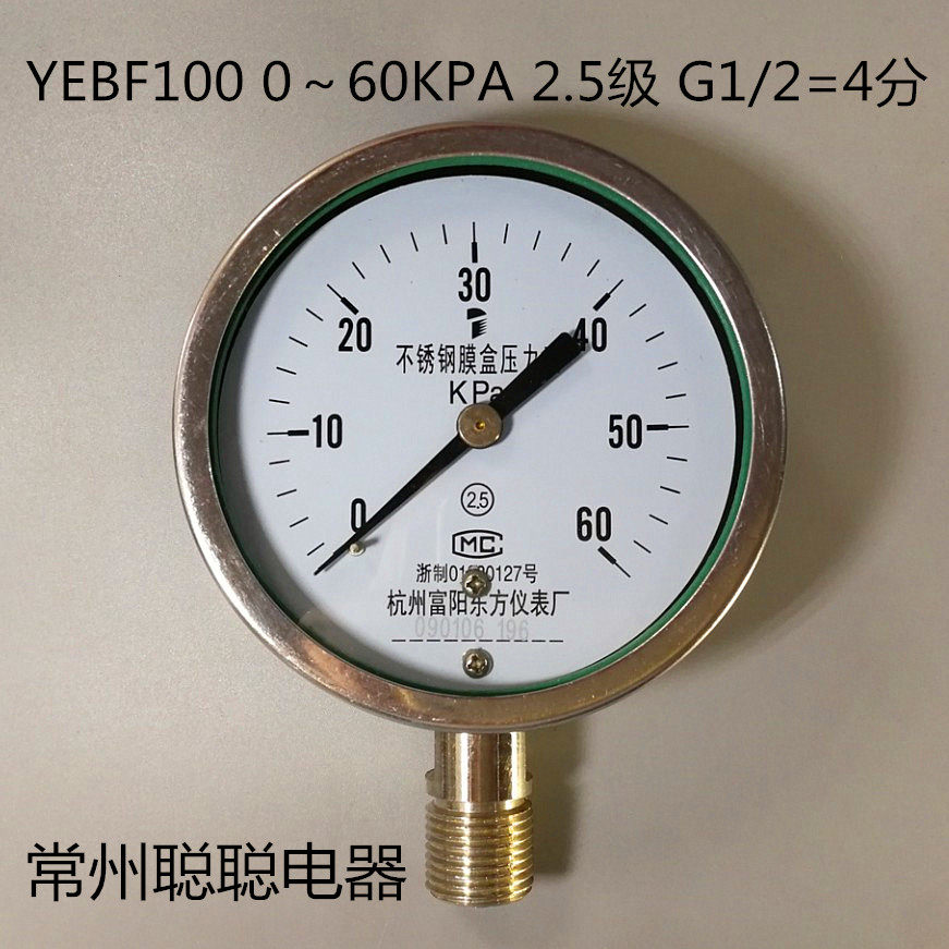 Factory direct Fuyang Dongfang membrane box pressure gauge YEBF100 0～60KPA 2 5 grade G1 2=4 points