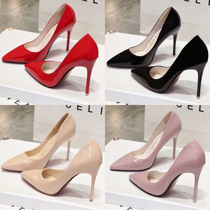 Large Size High-Heeled Shoes for Women with Thin Heels, 2024 New Autumn Model, Black with Red Soles, Sexy Pointed-Toe Patent Leather Shoes