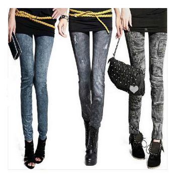 Korean version of spring and autumn leggings wear imitation denim nine points