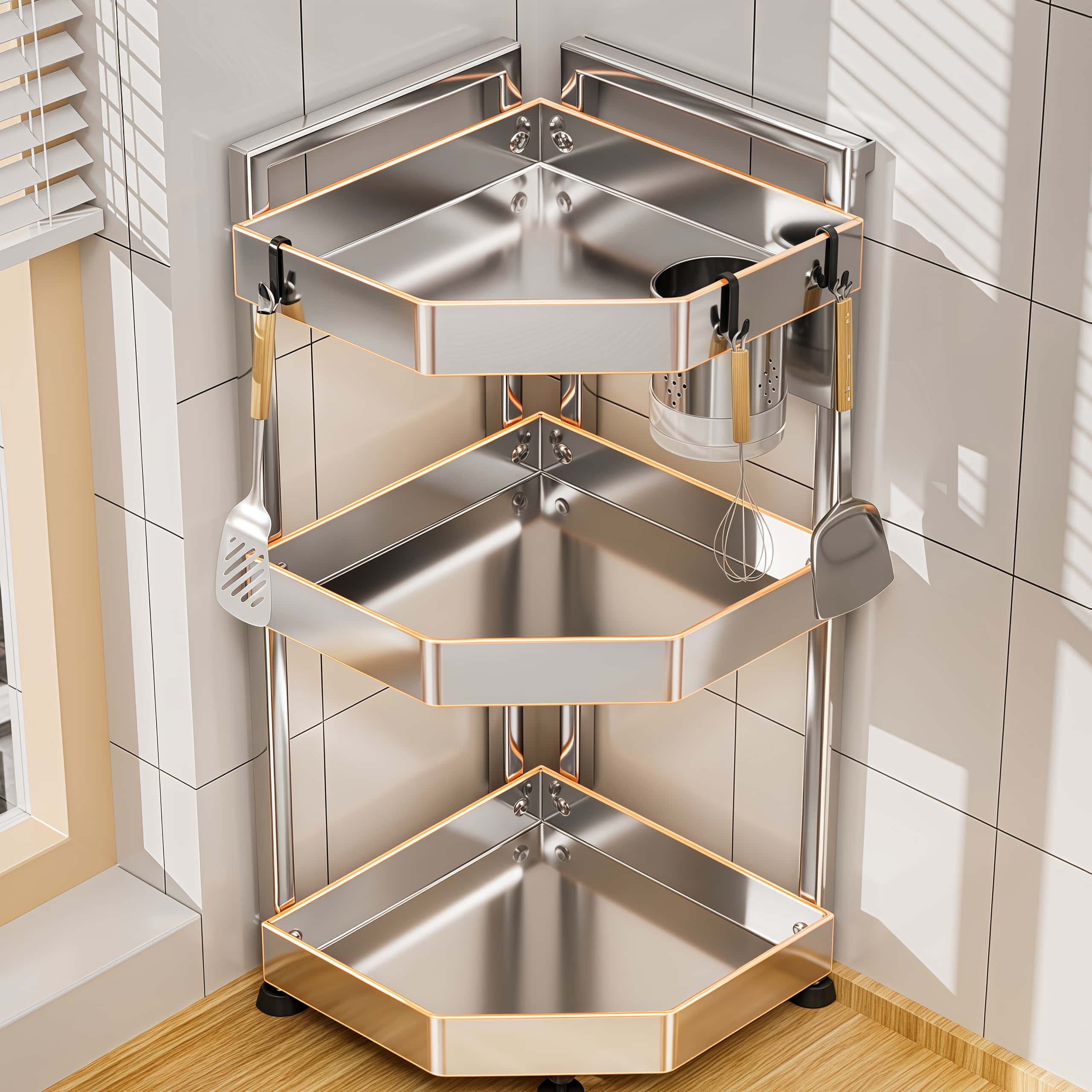 Thickened 304 Stainless Steel Kitchen Triangular Rack Spice Storage Rack Multi-Functional Shelf Countertop Condiment Organizer